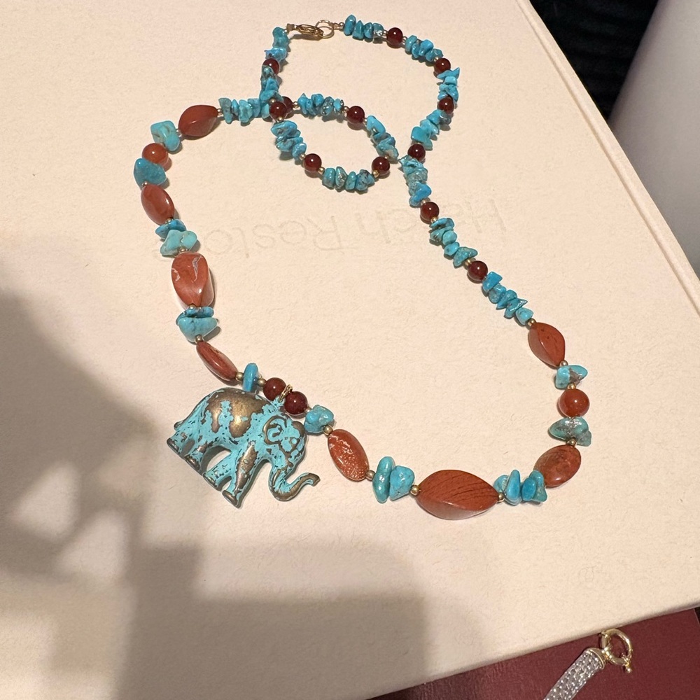 Turquoise and Brown Elephant Pendant Necklace